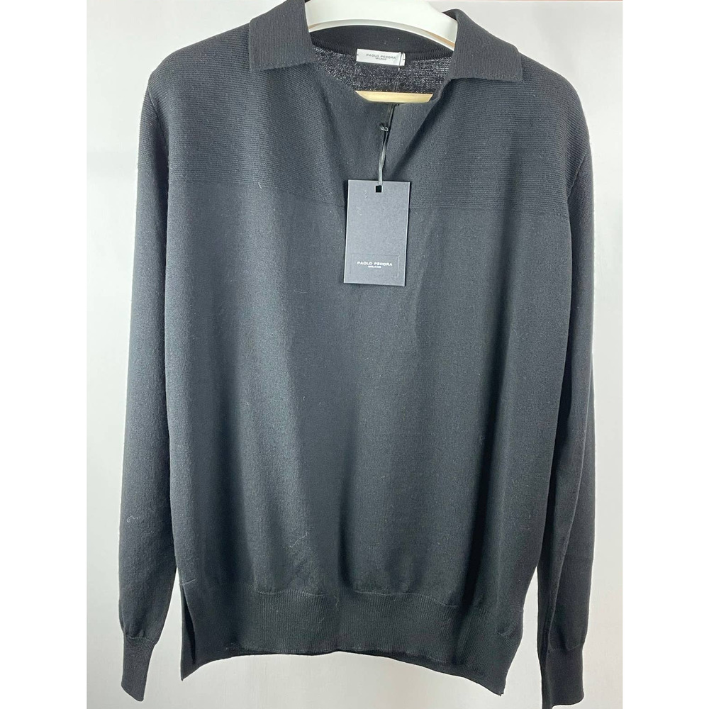 NWT Paolo Pecora Uomo Maglia A Polo Virgin Wool Black Sweater Size Large